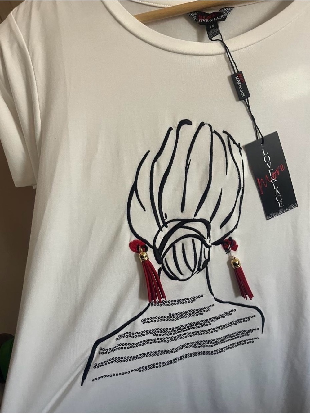 Nordstrom white super soft Graphic Tee with Red Tassel Accents